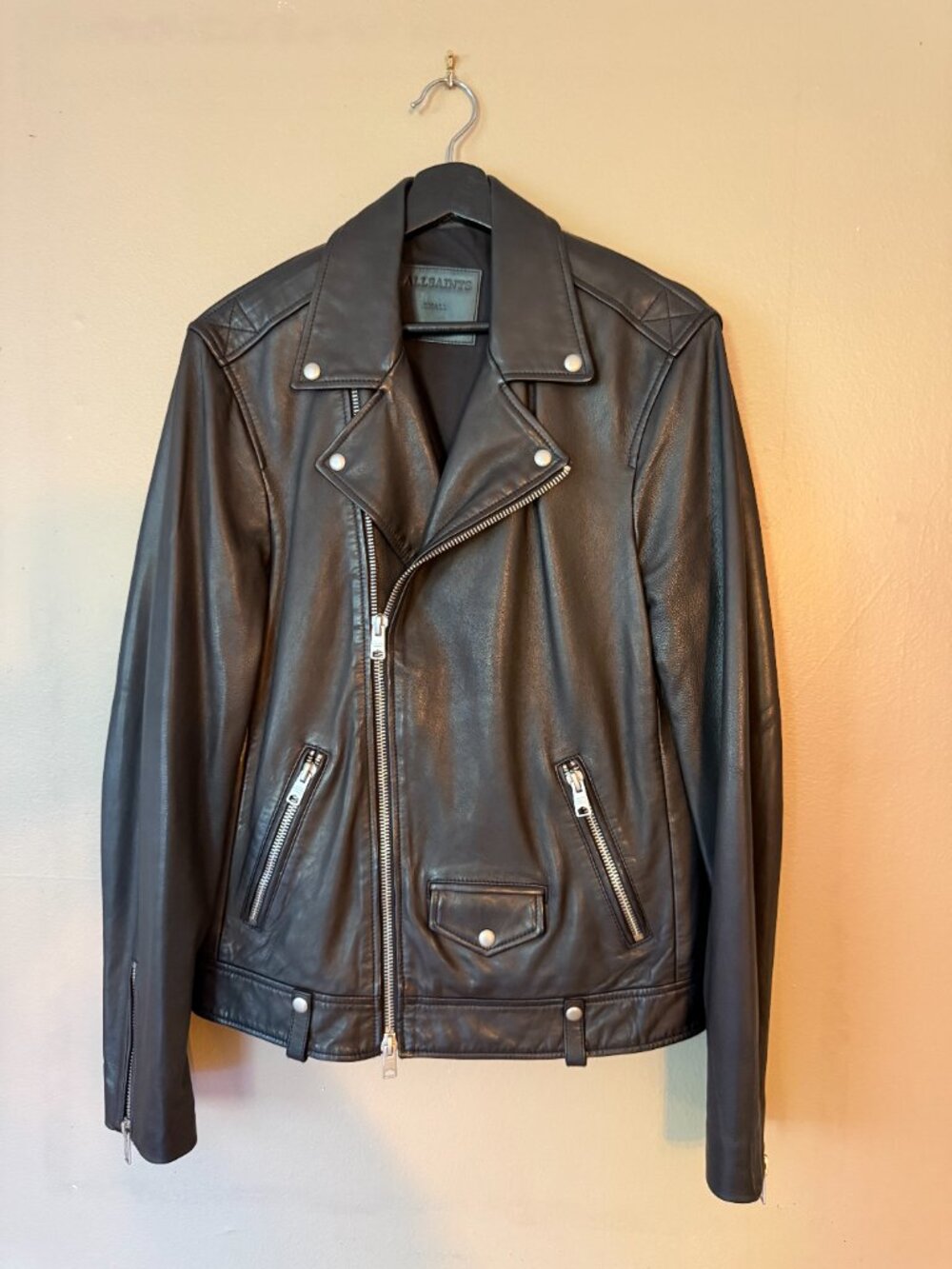AllSaints Milo Men's Black Leather Asymmetrical Zip Biker Jacket Small